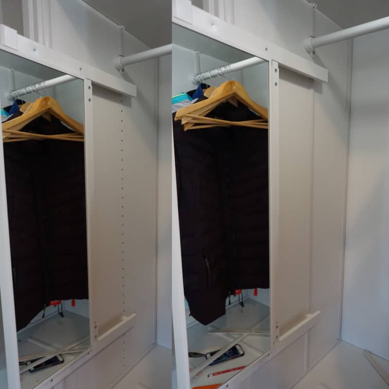 Side by side image of lath covering Pax ikea customization organziation.