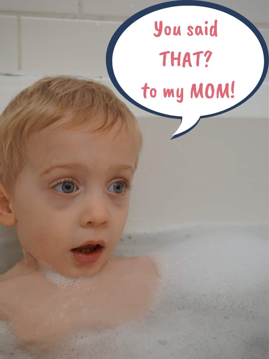 Toddler with blue eyes Asking in a thought bubble " You said that? to my mom!"