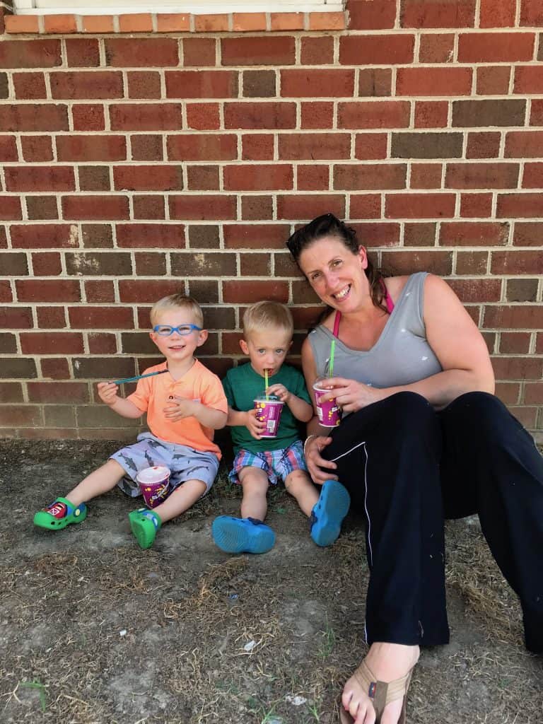 Twins with Mom on July 11, 7 Eleven Day Free slurpee.