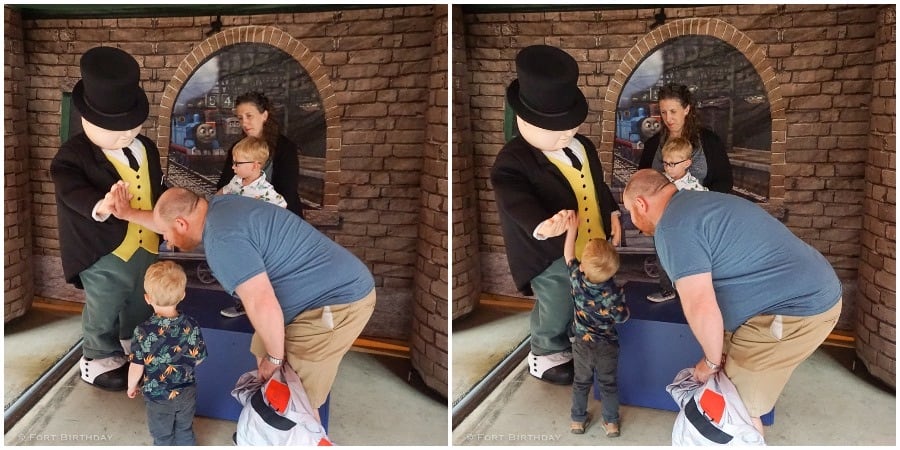 A day out with Thomas and Friends Side by side photos of mom cracking a smile when son high fived Sir Topham Hatt
