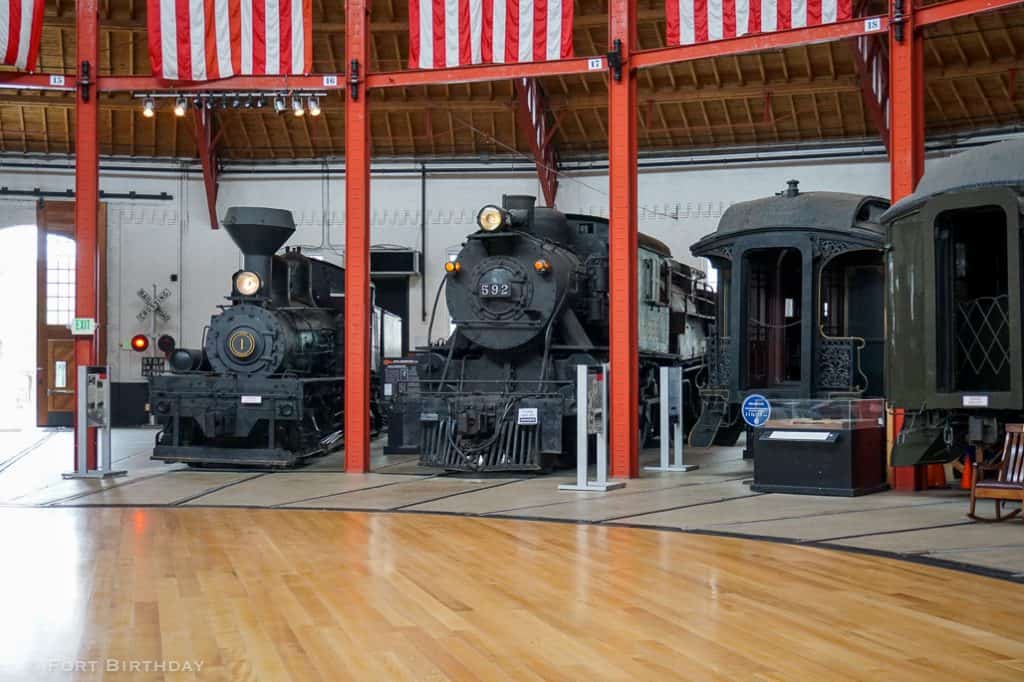 Three old trains at the B&O Railroad Museum roundhouse. The oldest railroad museum in the world