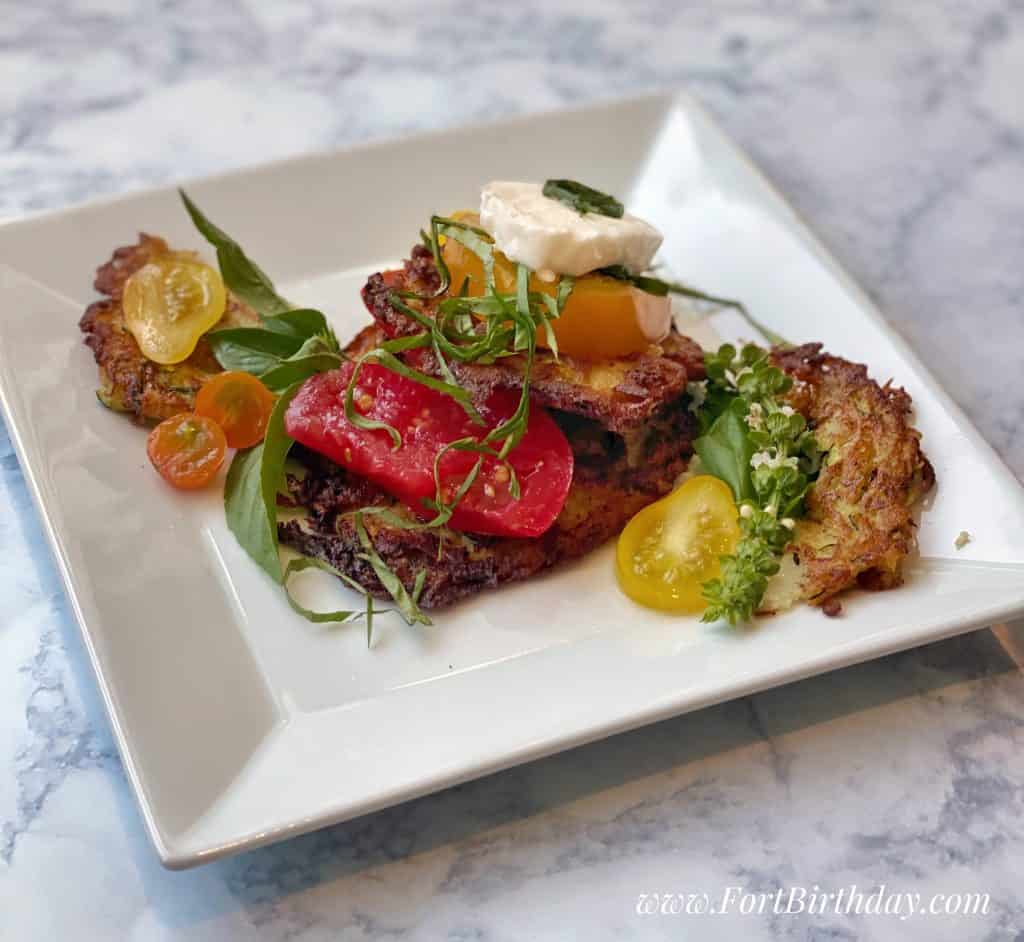 Zucchini Latkes Tomato and Mozzarella with basil 