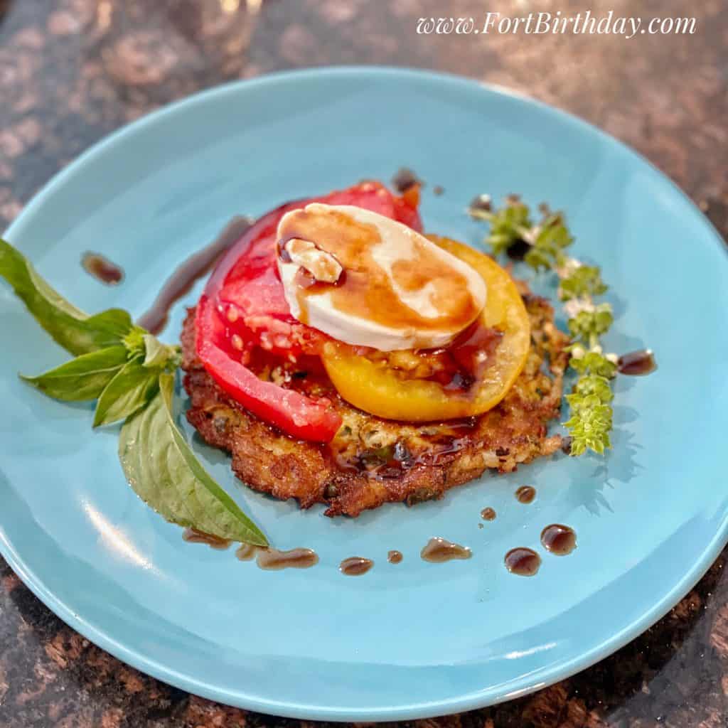 Caprese Salad with zucchini Latkes and Basil